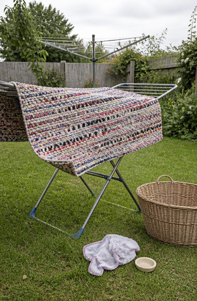 Damp knotted cotton rug spread on an outdoor drying rack