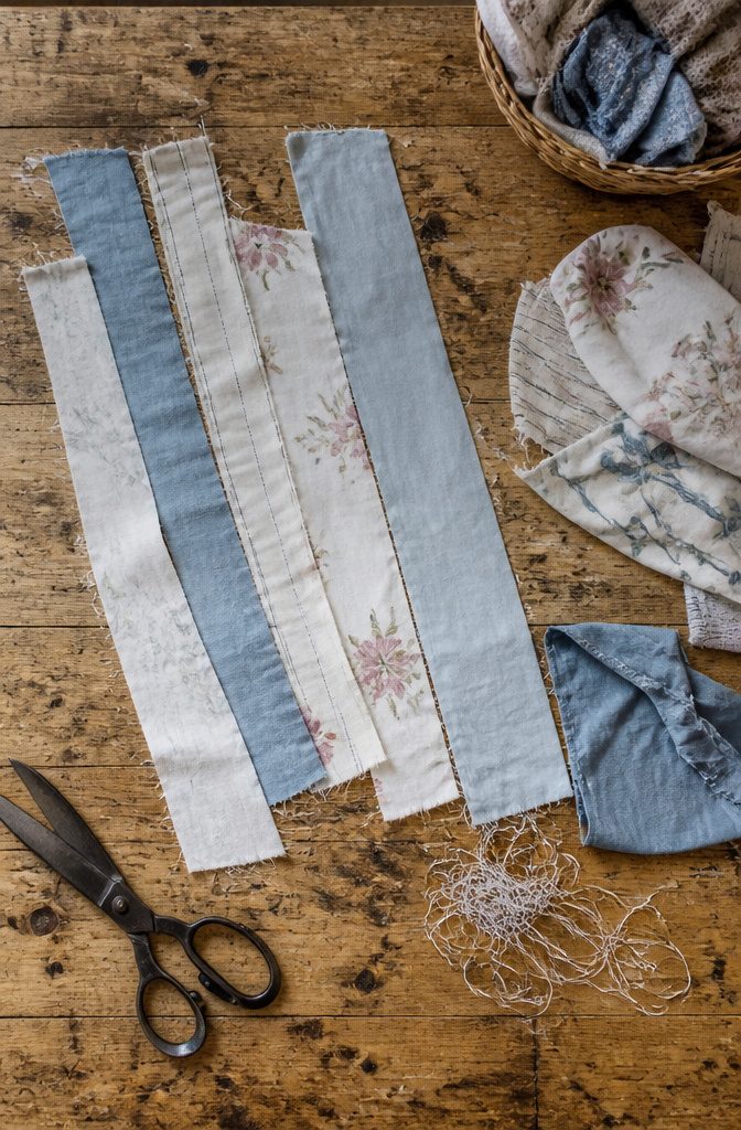 Fabric strips torn from cotton sheets and worn clothing