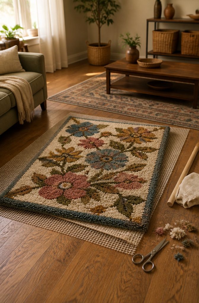 Finished latch-hook rug with backing fabric and hanging hardware nearby