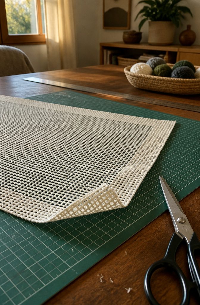 Cotton rug canvas on a cutting mat with a folded corner and fabric scissors