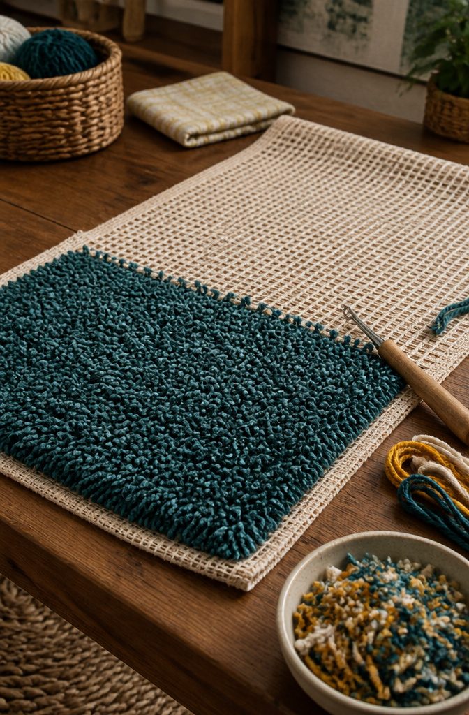 Hands adding yarn knots across a partly filled latch-hook canvas