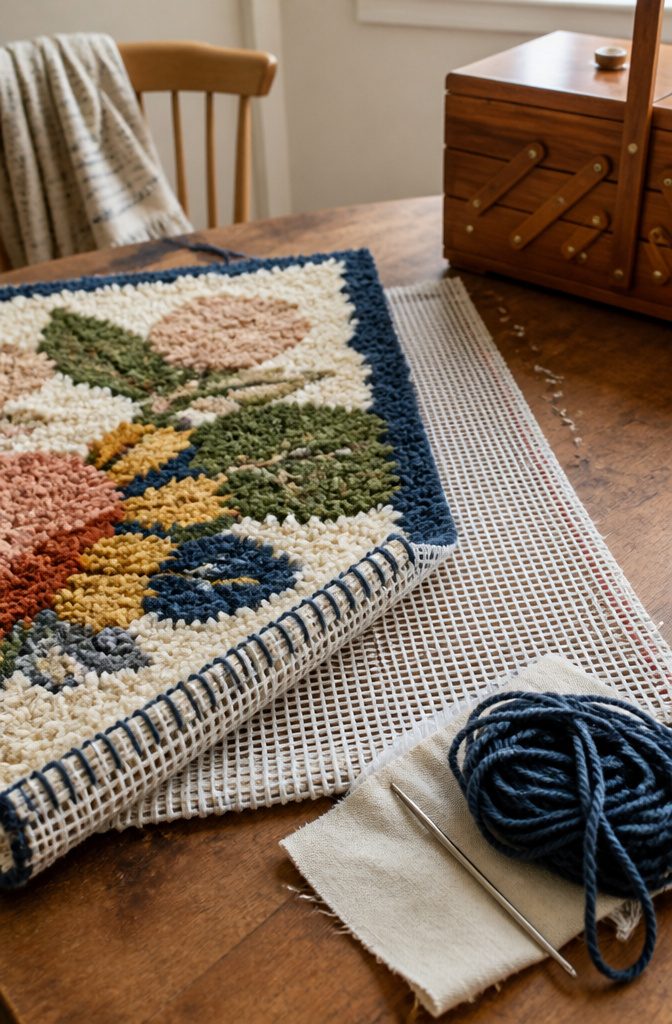 Latch-hook rug with one folded stitched edge and unfinished mesh borders