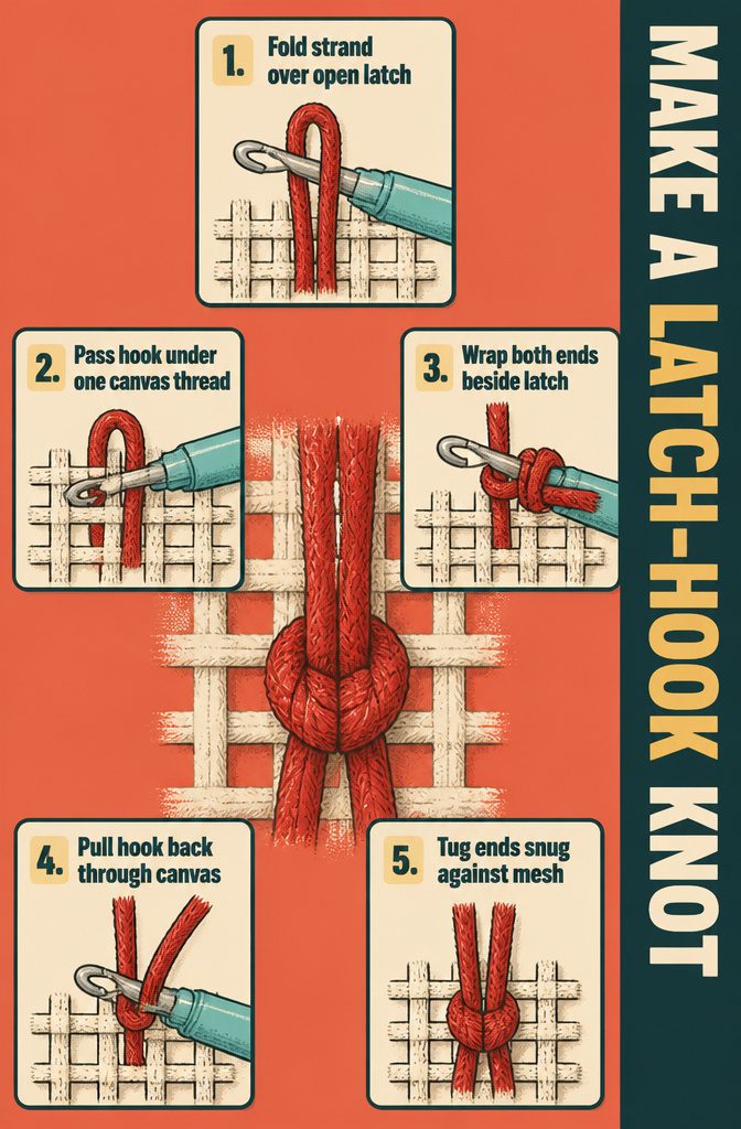 Latch hook pulling yarn through a loop on the canvas grid