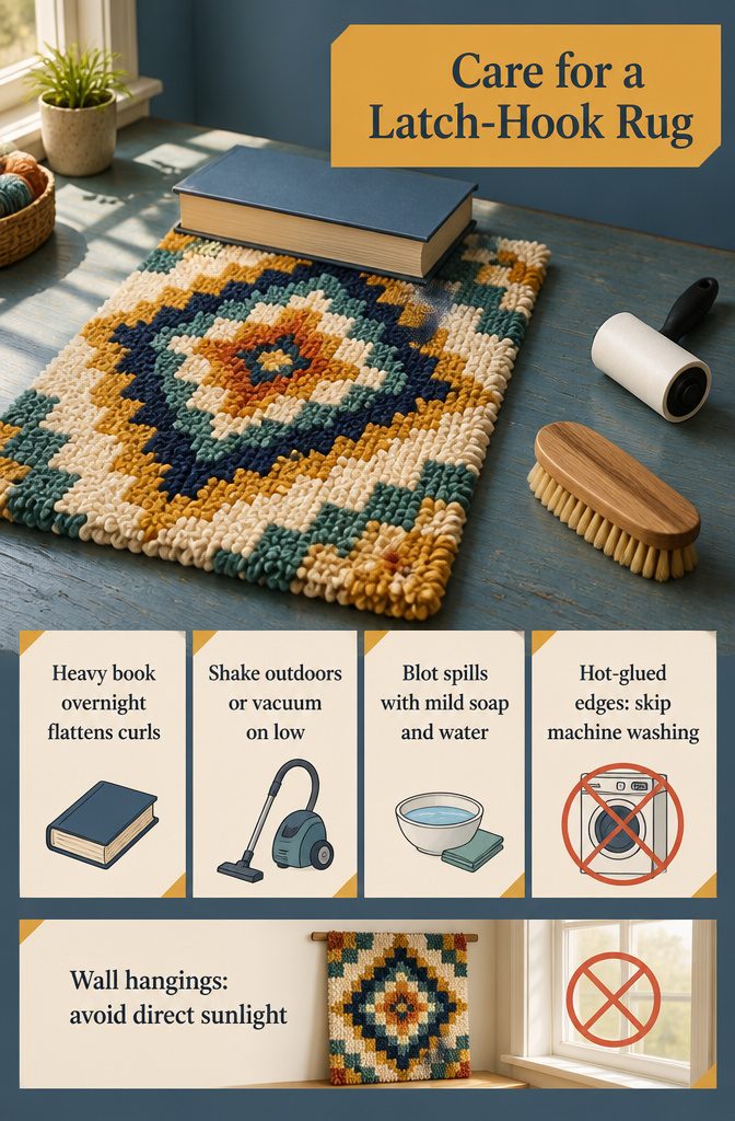 Latch-hook rug with a soft brush and vacuum nozzle nearby