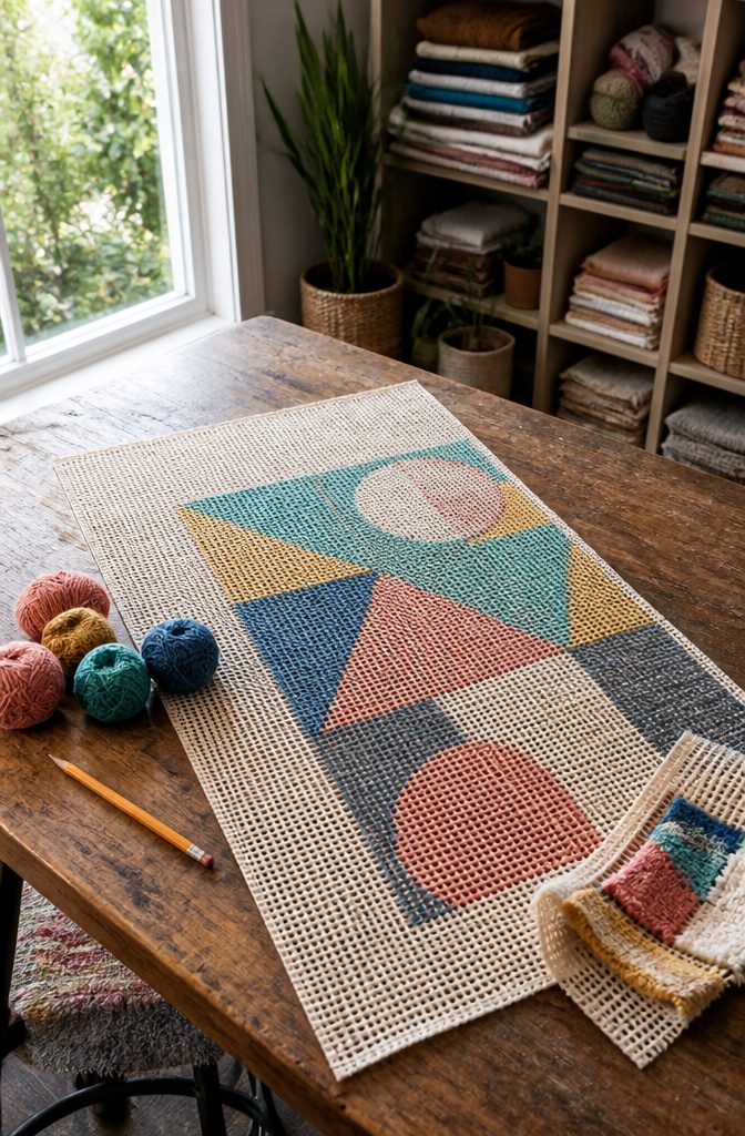 Cotton rug canvas marked with colored geometric blocks beside a pencil and yarn