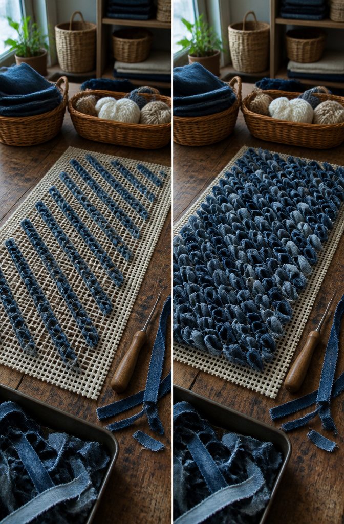 Thick fabric strips beside a latch hook and open-grid canvas
