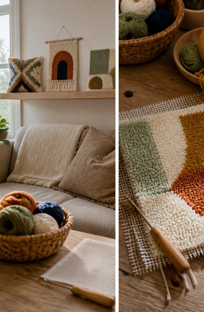 Latch-hook wall hanging and pillow beside a small decorative yarn project