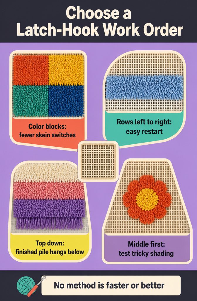 Latch-hook canvas divided into color blocks with yarn and a hook nearby