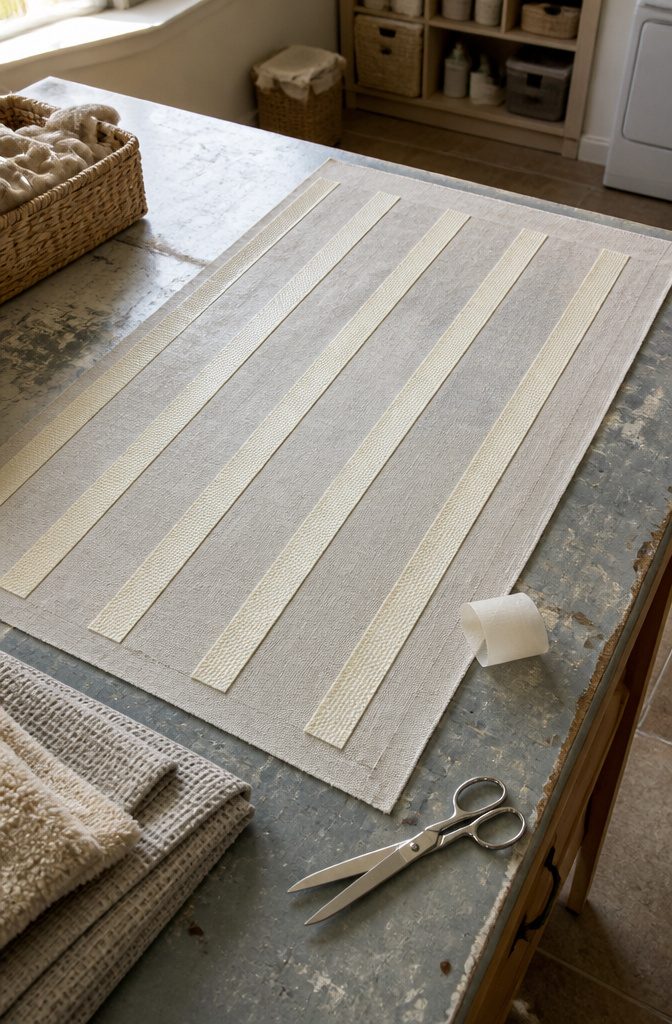 Rubber rug tape strips applied to fabric rug backing