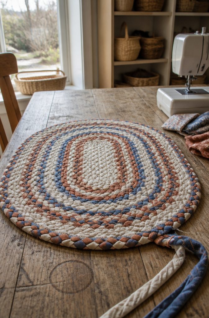 Braided fabric strips coiled and sewn into a rug