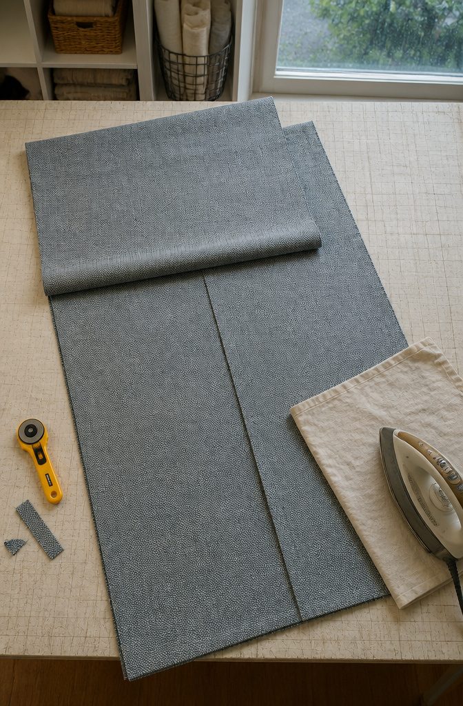 Upholstery fabric folded into layers on a cutting surface