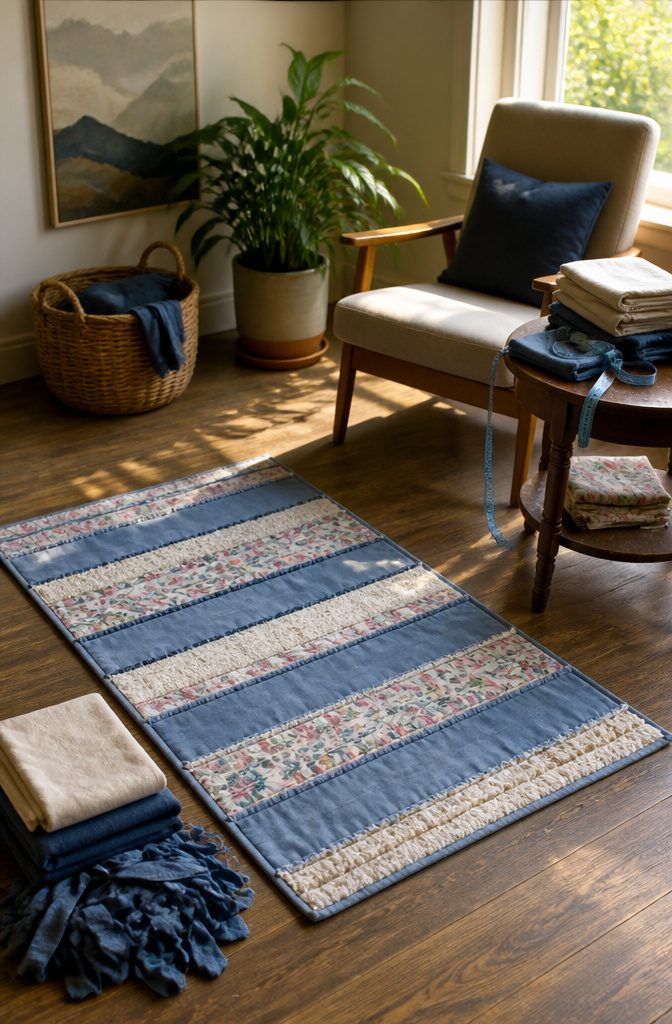 Small rug made from blue cotton floral fabric and towel strips