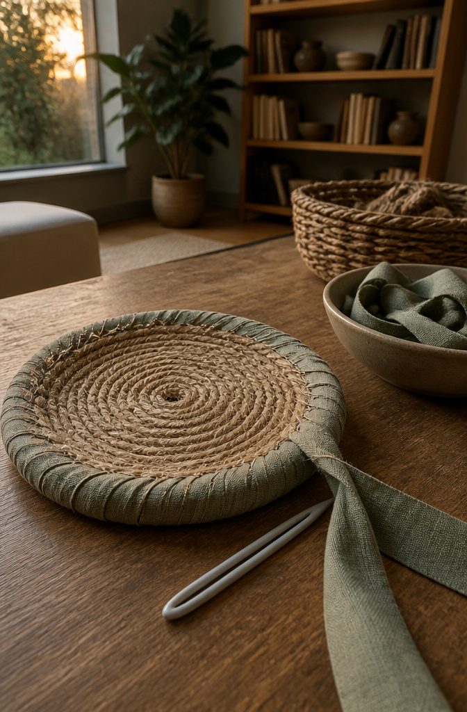 Fabric strip wrapped around the first loop of coir rope