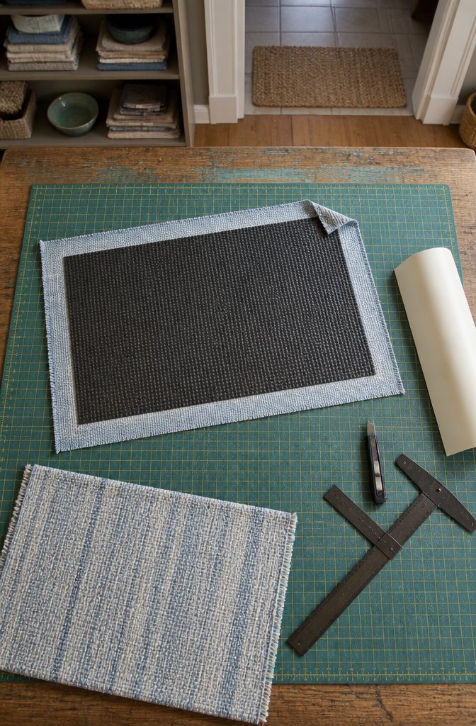 Fabric panel and rubber mat cut to size on a workbench