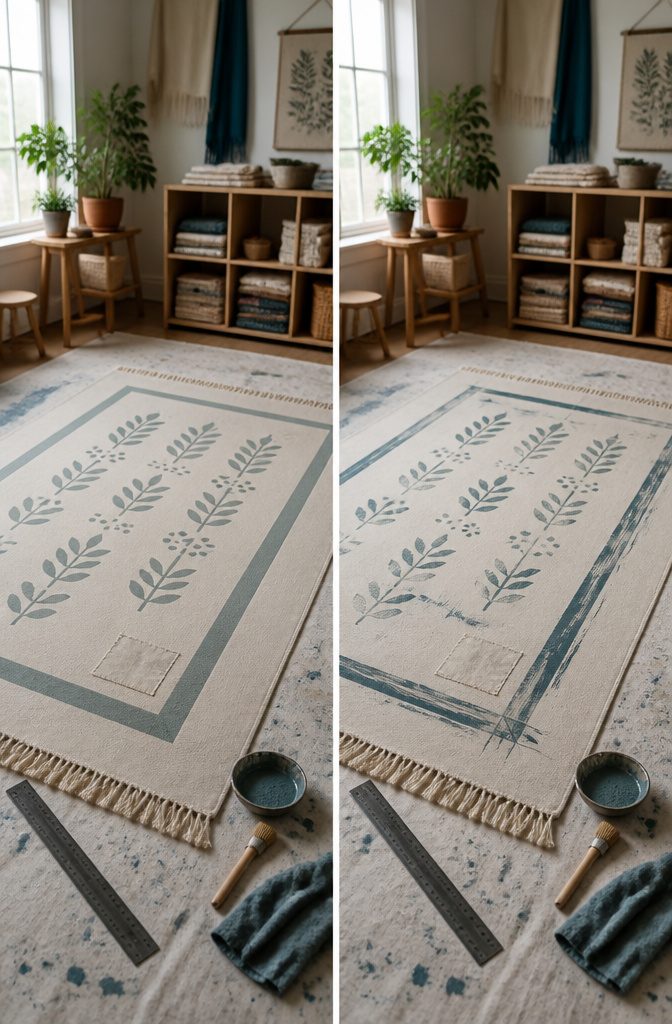 Stencil brush and paint set beside a fabric rug for decorating