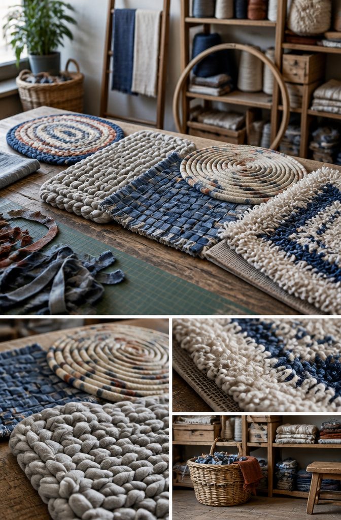 Examples of rag rugs made with braiding weaving and crochet