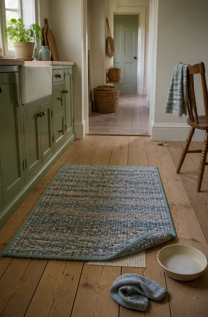 Finished fabric rug placed on a hard floor beside a doorway