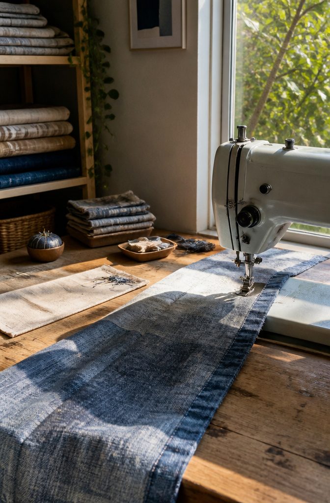 Layered fabric rug under a sewing machine presser foot