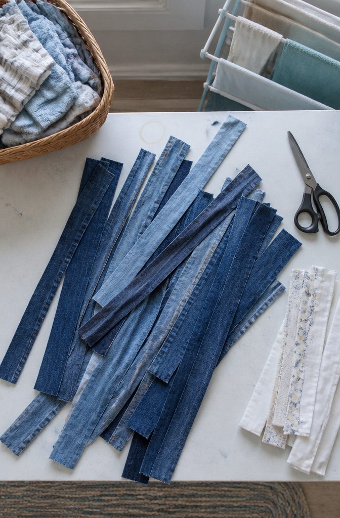 Jeans T-shirts bedsheets and curtains gathered for fabric strips