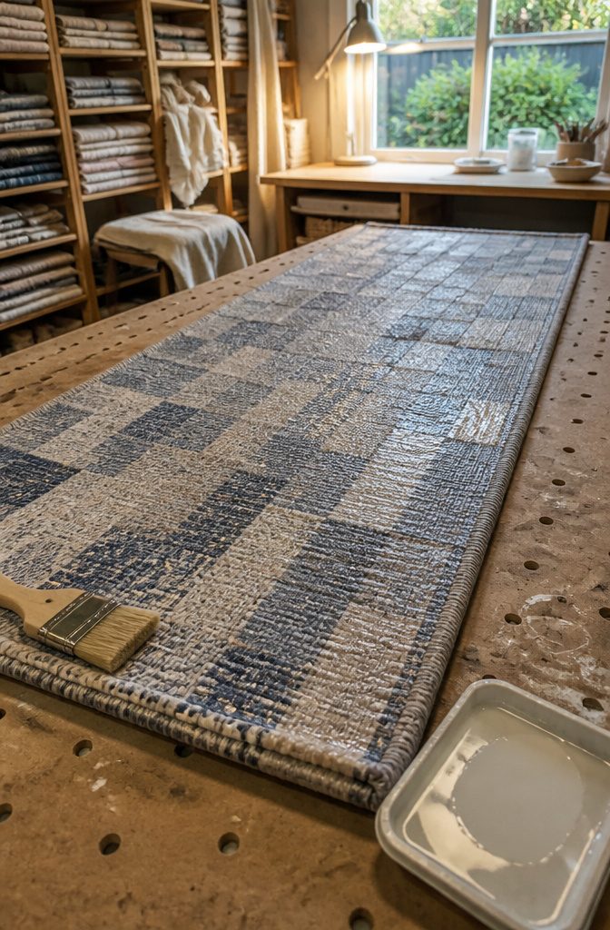 Brush applying water-based polyurethane to fabric on a rug base