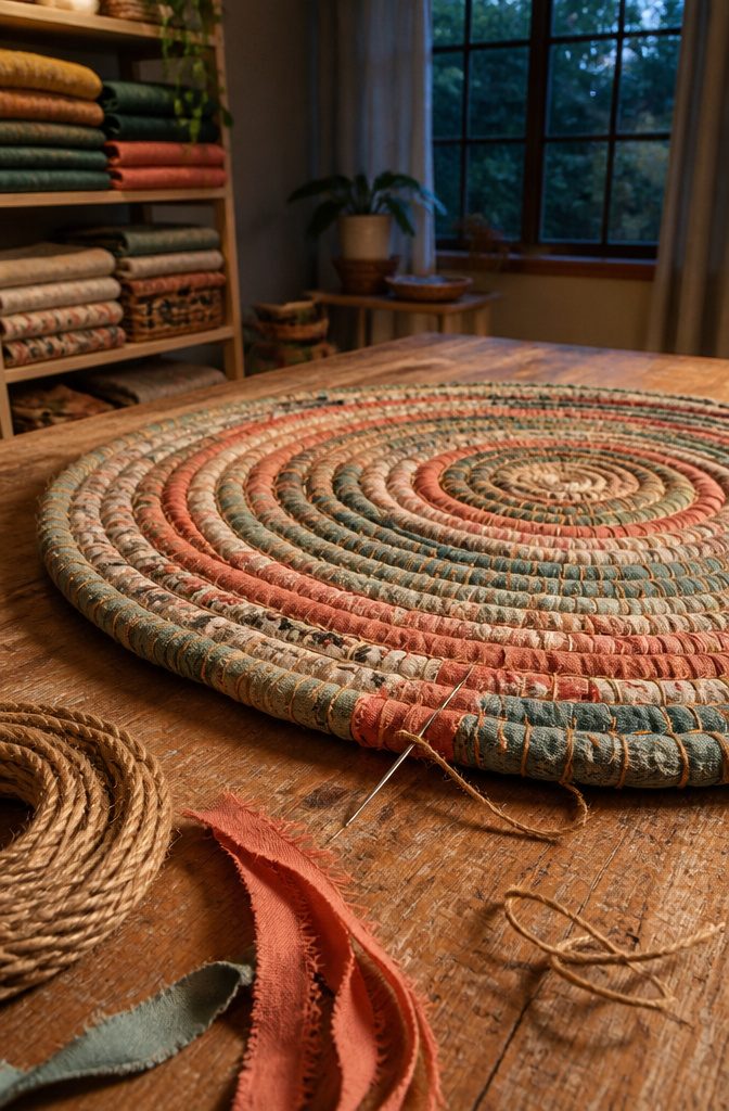 Needle stitching wrapped rope coils beside a joined fabric strip