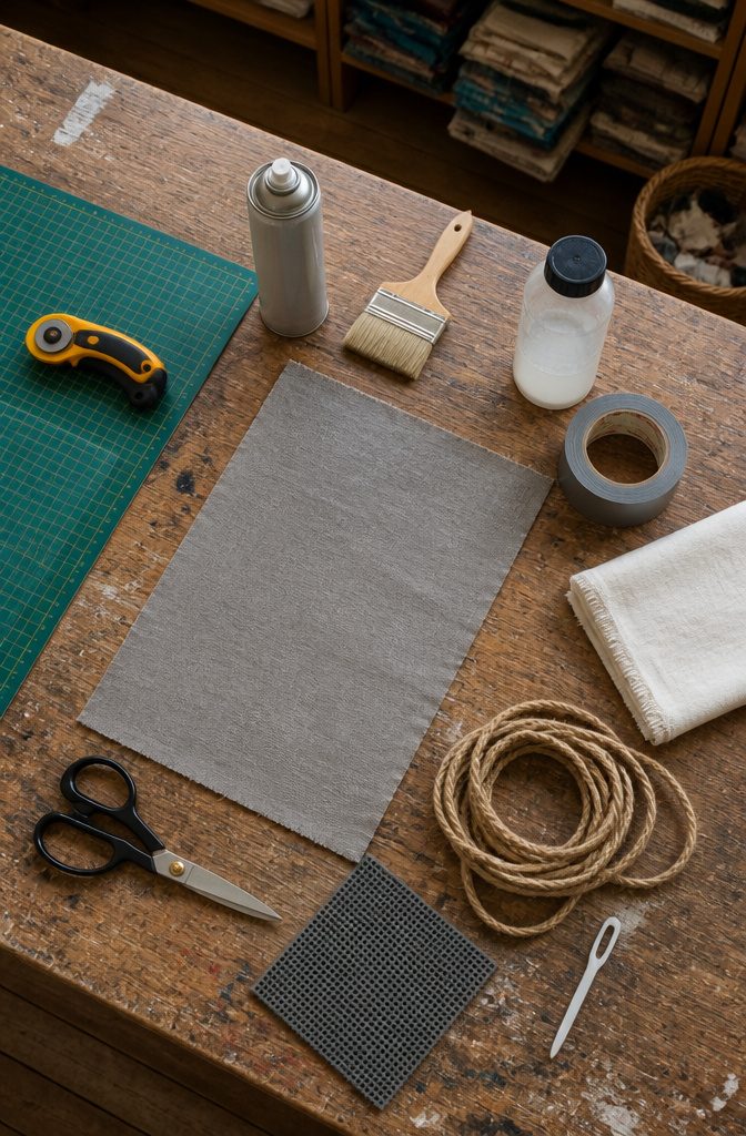 Rug making supplies including spray adhesive rotary cutter scissors and polyurethane