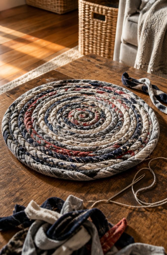 How to Make a Rug Out of Socks in 5 Steps 4 Sock braid coiled into a rug spiral with stitches joining each row