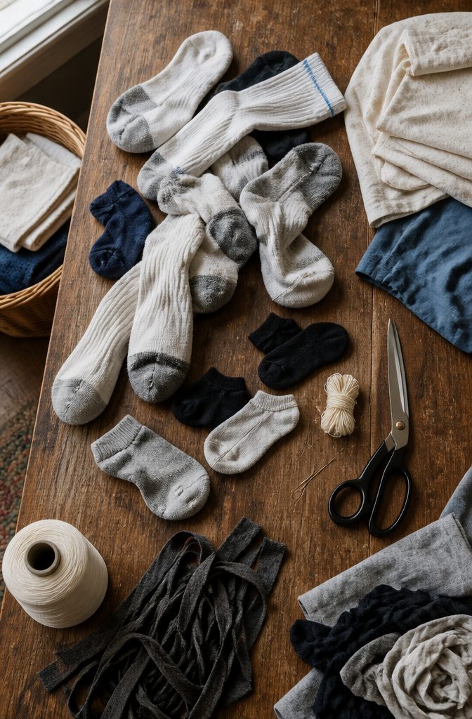 How to Make a Rug Out of Socks in 5 Steps 1 Worn crew socks and athletic socks beside fabric scissors and sewing supplies