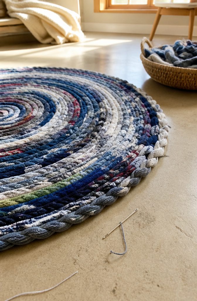 How to Make a Rug Out of Socks in 5 Steps 5 Finished sock rug with tapered strip ends stitched beneath the outer row
