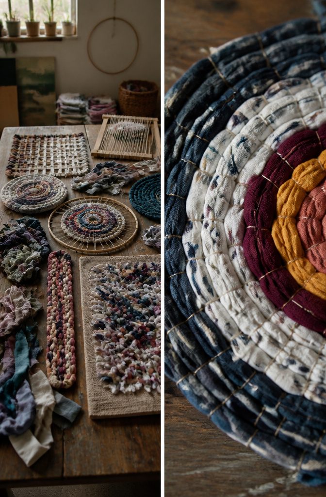 How to Make a Rug Out of Socks in 5 Steps 6 Braided fabric strips coiled into a round rug on a worktable