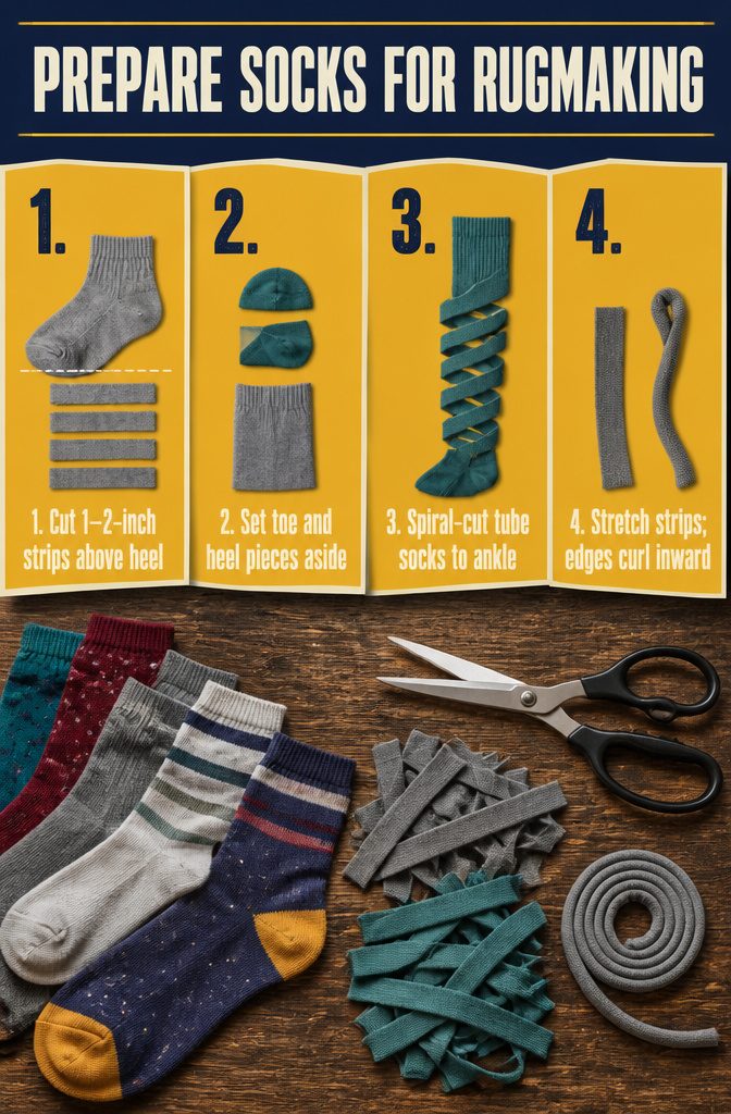 How to Make a Rug Out of Socks in 5 Steps 2 Sock tubes cut into curled fabric strips on a work surface