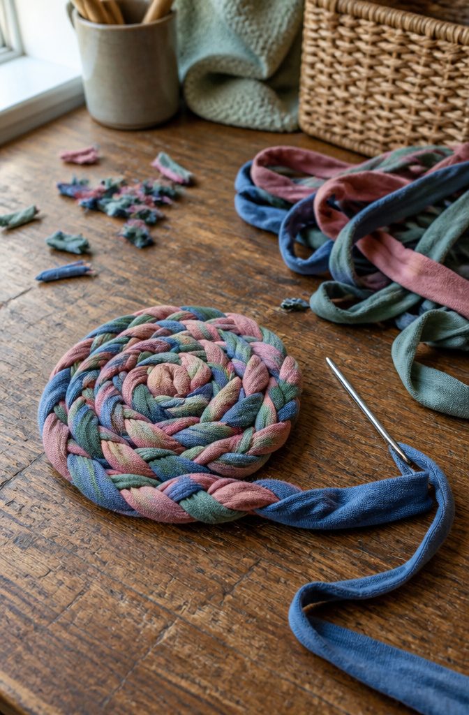 How to Make a Rug Out of Socks in 5 Steps 3 Three colored sock strips braided into a small flat coil beside a needle