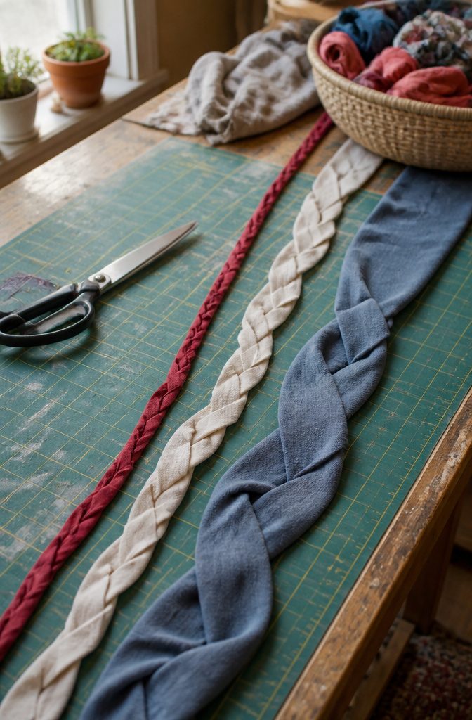 Wool cotton and jersey strips with offset slit-and-pull joins