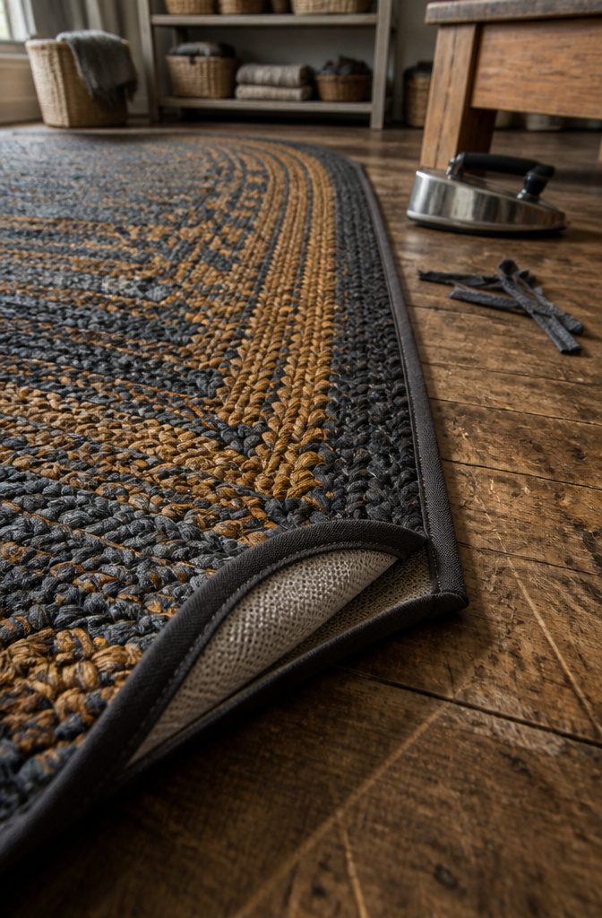 Braided rug edge with fabric ends stitched securely in place