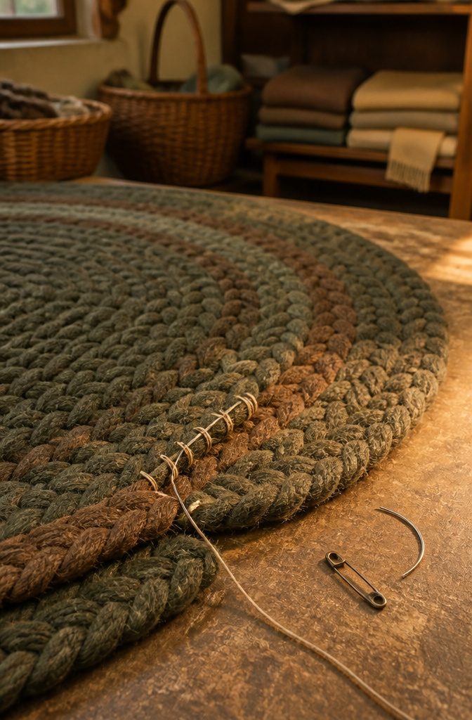 Green and brown braided rows laced together with carpet thread