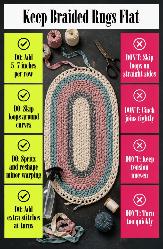 Braided rug with curved rows and even outer edges