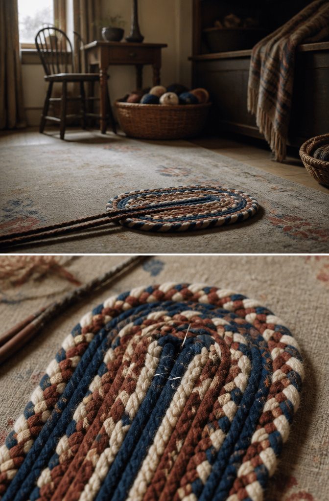 Braided rug rows curving outward from a stitched center
