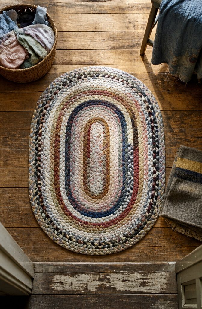 Clothing and fabric scraps arranged for making a braided rug