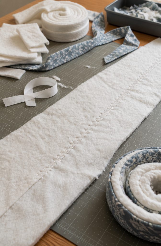 How to Make a Jelly Roll Rug (Oval, Round, or Rectangular) 5 Jelly roll rug showing cotton batting inside tightly wrapped fabric coils
