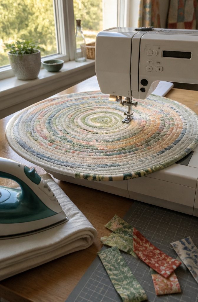How to Make a Jelly Roll Rug (Oval, Round, or Rectangular) 3 Partly completed jelly roll rug supported on a sewing machine with an iron nearby