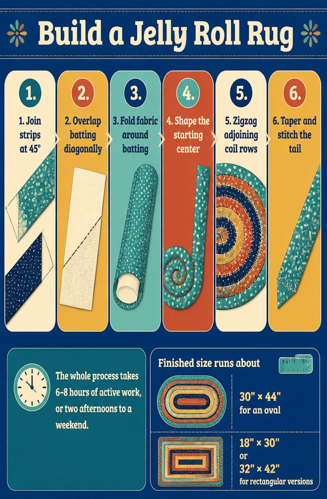 How to Make a Jelly Roll Rug (Oval, Round, or Rectangular) 2 Jelly roll rug diagram showing fabric strips batting and coiled construction