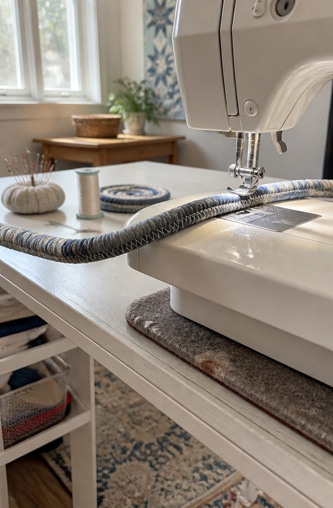 How to Make a Jelly Roll Rug (Oval, Round, or Rectangular) 6 Sewing machine presser foot over a wrapped rug coil with thread and needle nearby