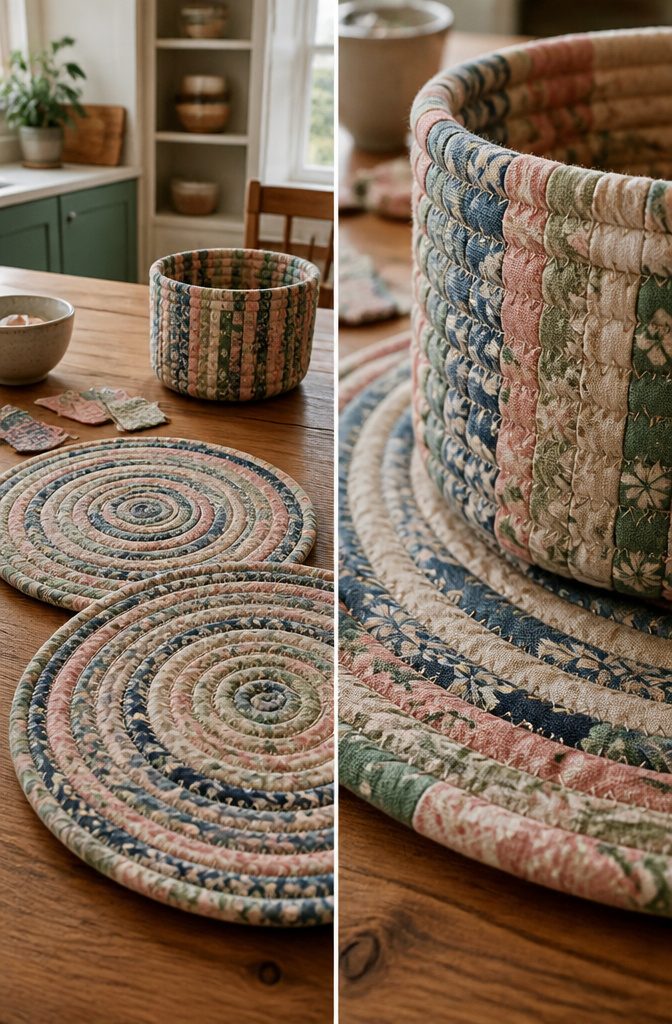 How to Make a Jelly Roll Rug (Oval, Round, or Rectangular) 8 Fabric and batting coiled into a small placemat beside sewing supplies
