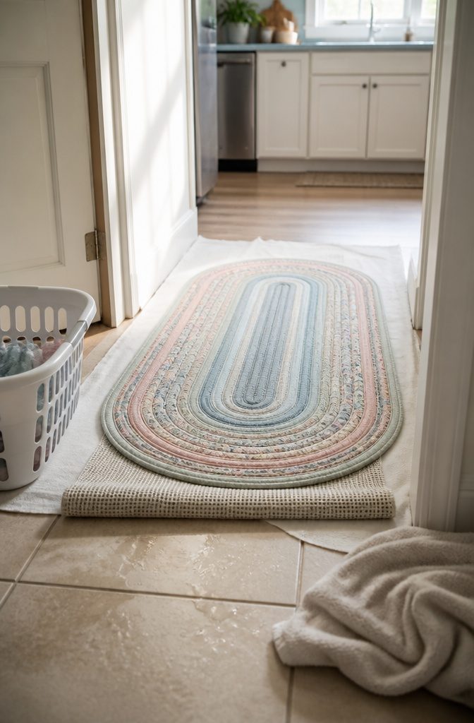 How to Make a Jelly Roll Rug (Oval, Round, or Rectangular) 7 Jelly roll rug drying flat beside a laundry basket towel and non-slip backing