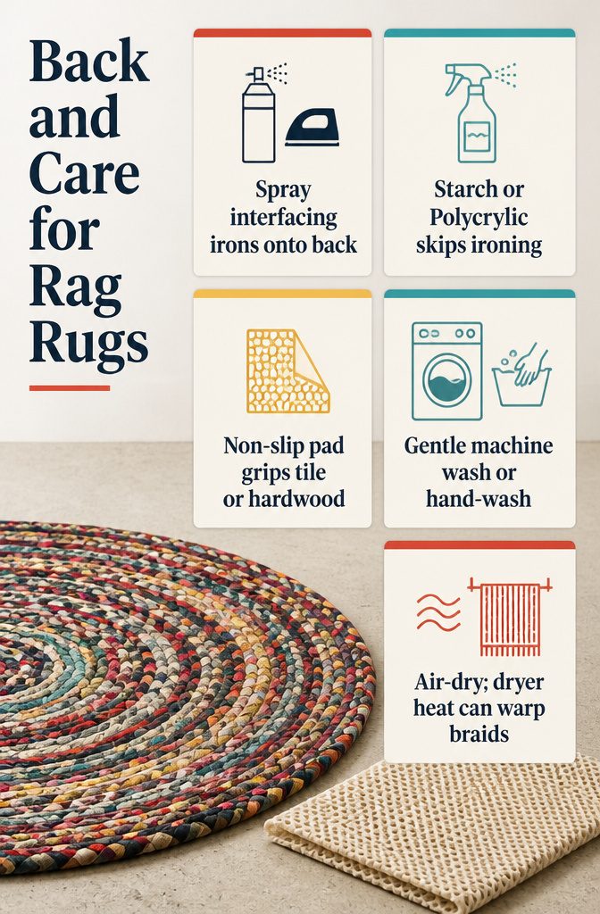 Rag rug underside beside a non-slip rug pad and spray fusible interfacing