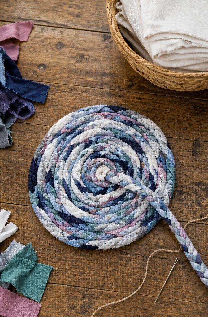 Fabric braid coiled into a flat spiral with its inner strand looped through