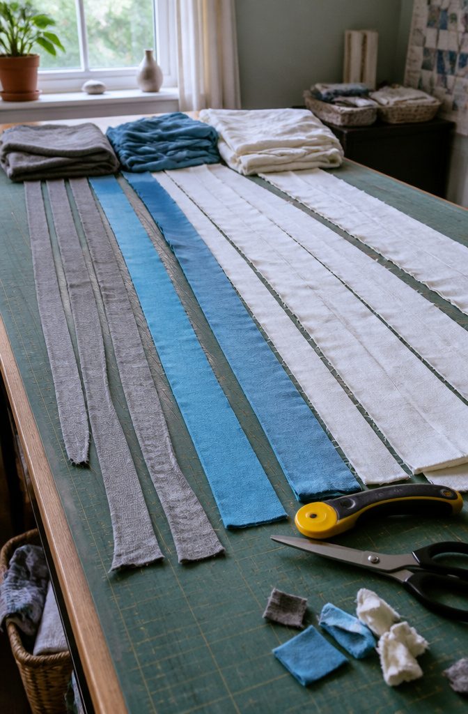 Parallel fabric strips beside folded cloth, a rotary cutter, and scissors