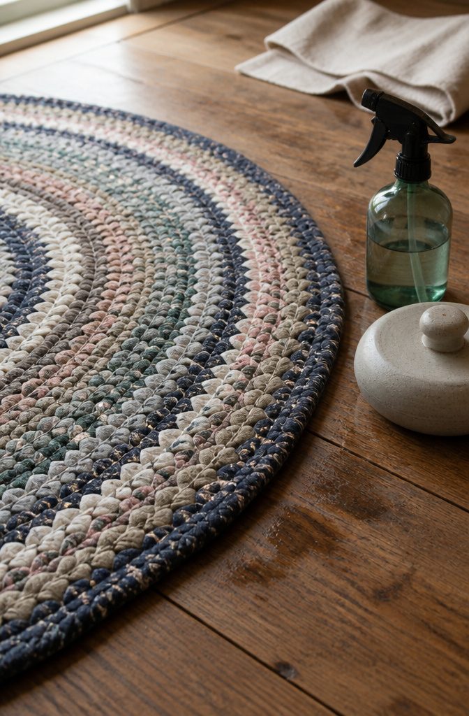 Tapered fabric braid end tucked beside the outer edge of a coiled rug
