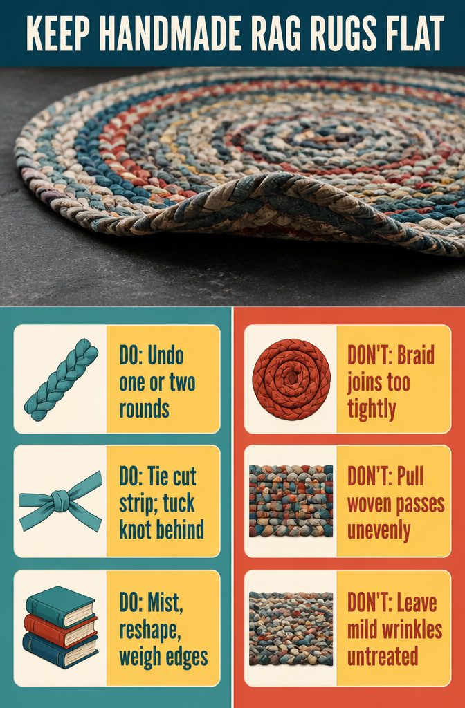 Braided rag rug buckled upward at the edges into a shallow bowl