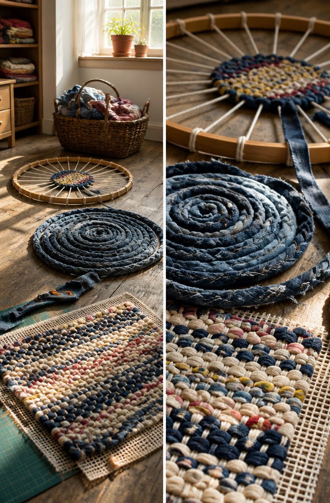 Rag rug examples made with a hula hoop loom, rope, and canvas